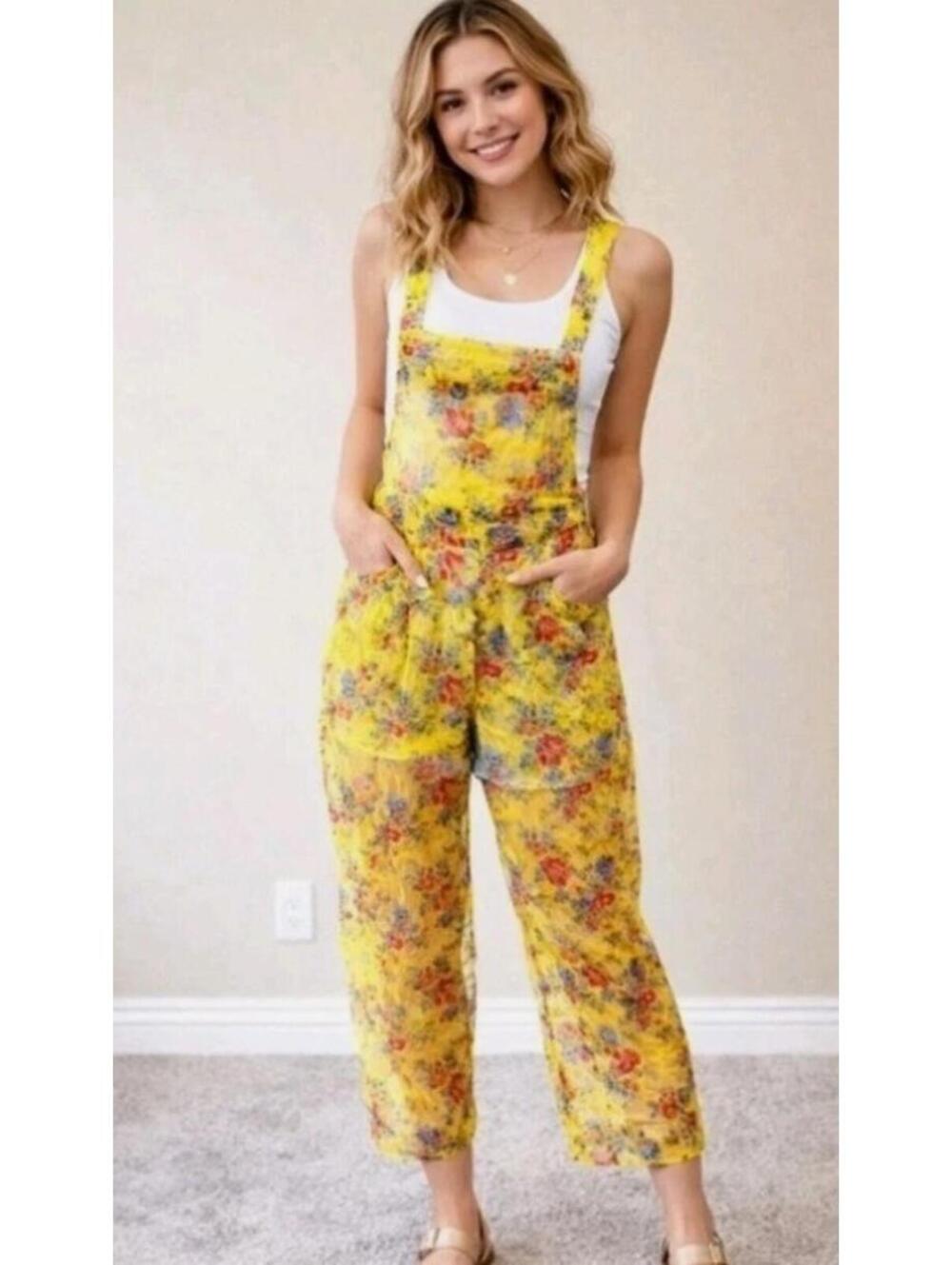 KIMCHI BLUE Tessa Sheer Overall Jumpsuit Floral Print - Size Small